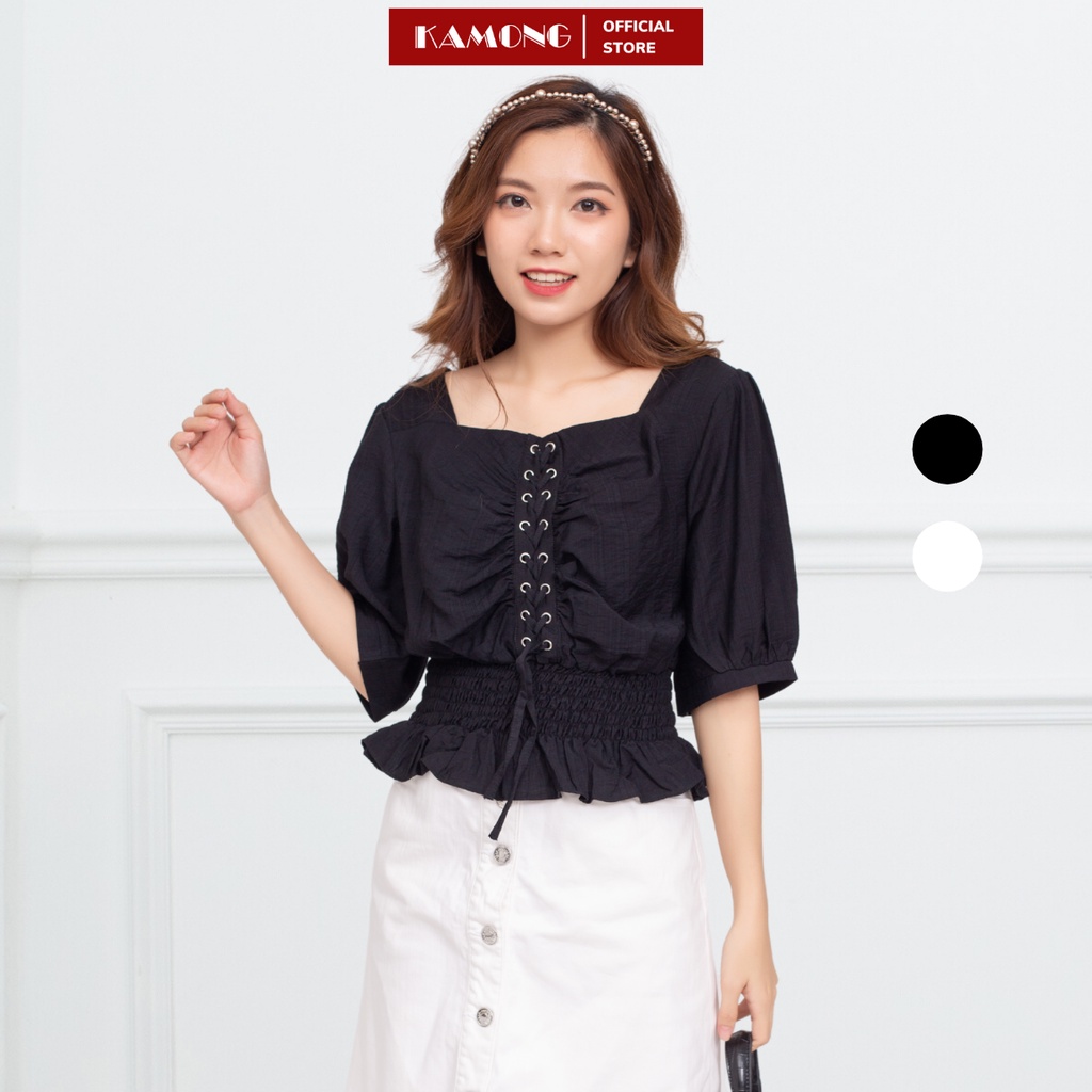 Áo cổ vuông đan dây nhún eo KAMONG A053