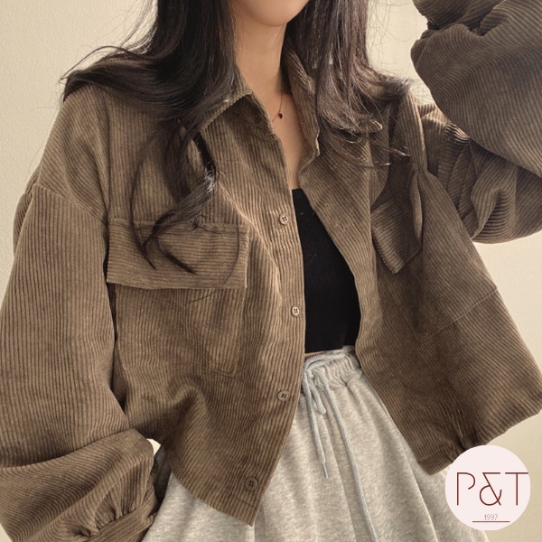 Áo sơ mi nhung nữ croptop tay phồng, Áo khoác sơ mi nữ tay dài dáng rộng thời trang