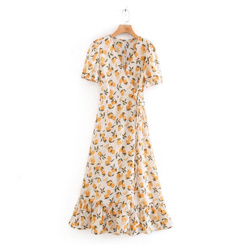 Đầm Zara vạt chéo họa tiết chanh tây siêu đẹp DQ4VCG5N9