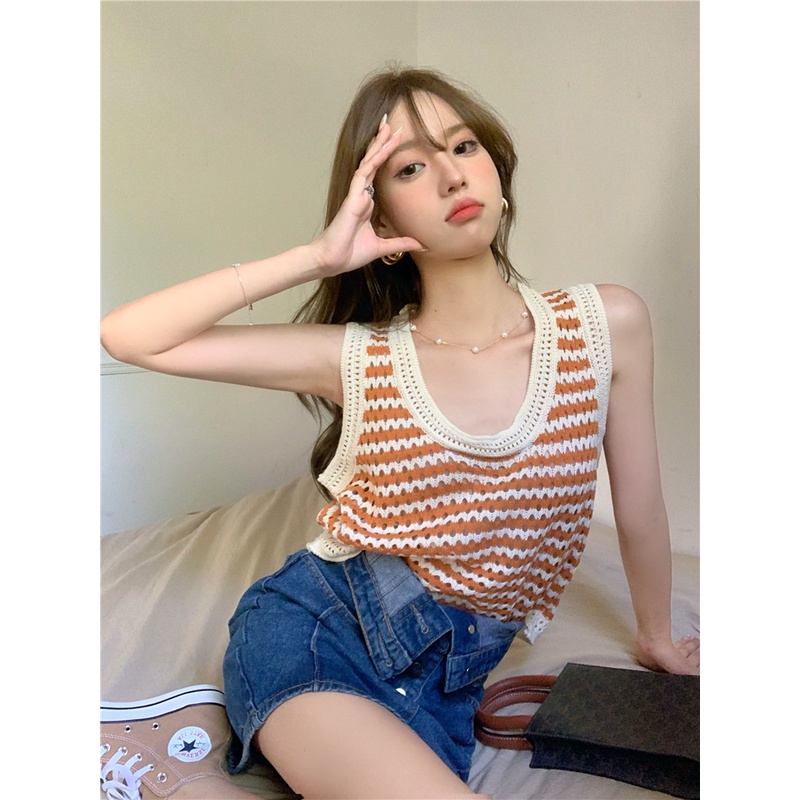 Porozi  Áo croptop sát nách  dệt kim kẻ sọc thời trang cho nữ 4 màu tự chọn