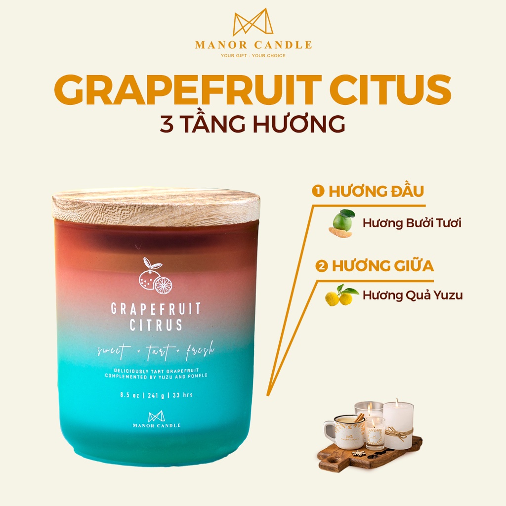 Nến Thơm Manor Candle Hương Grapefruit Citrus Bấc Gỗ Size 8.8 Oz 241g, Manor Candle