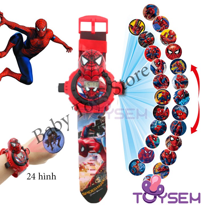 Đồng hồ chiếu lên tường Toysem 24 hình cho trẻ em với nhân vật người nhện, người sắt - Quà tặng sinh nhật cho bé