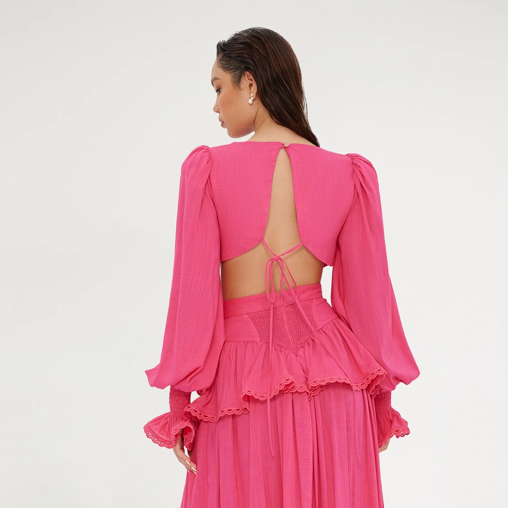 DEAR JOSÉ - Áo kiểu diềm bèo hở lưng Cora vải linen hồng fuchsia