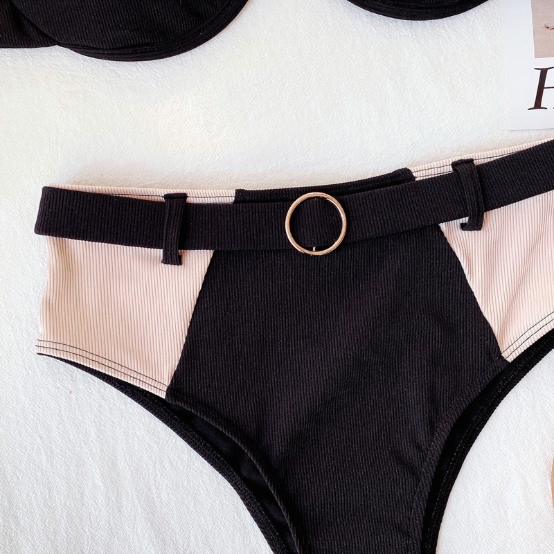 [BKN1202] &lt;ÂU&gt; SET BIKINI ĐEN MIX BE KÈM BELT (CÓ GỌNG) (CẠP CAO)
