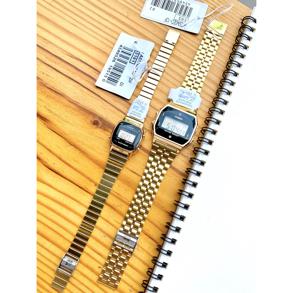 Đồng hồ nam nữ Casio A159WGAD và LA670 kim cương vàng dây kim loại chính hãng cao cấp giá rẻ
