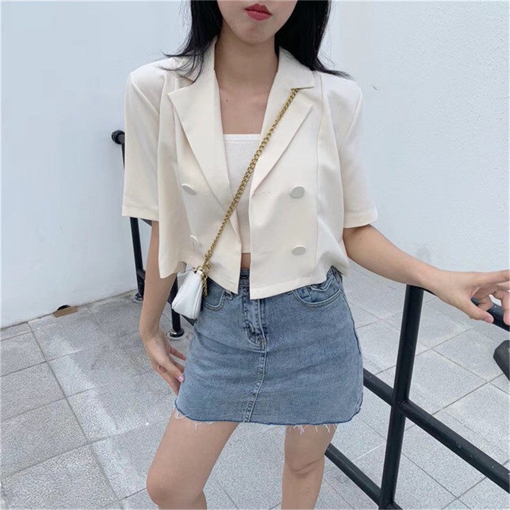 QADCOL  Áo khoác blazer ngắn tay thời trang Hàn Quốc thanh lịch cho nữ