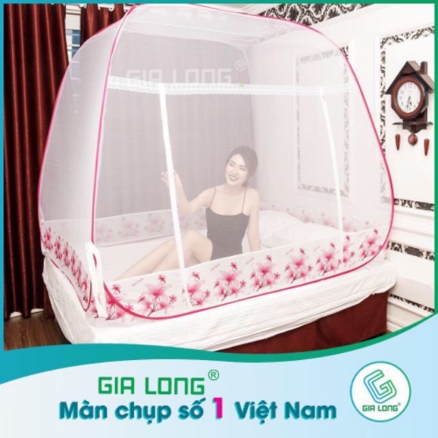 Màn chụp tự bung chống muỗi Gia Long đỉnh vuông, màu trắng chân diềm hoa xanh hàng đẹp