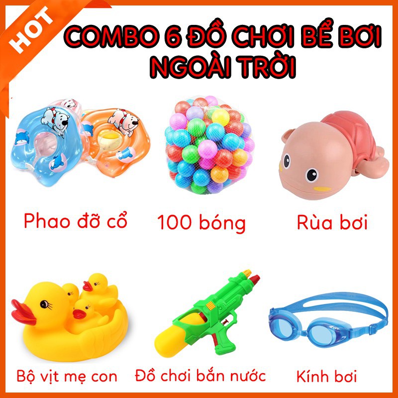 Bộ đồ chơi mùa hè hồ nước 6 món, Kính bơi Rùa bơi Phao đỡ cổ Bộ vịt mẹ con Đồ chơi bắn nước Túi 100 bóng