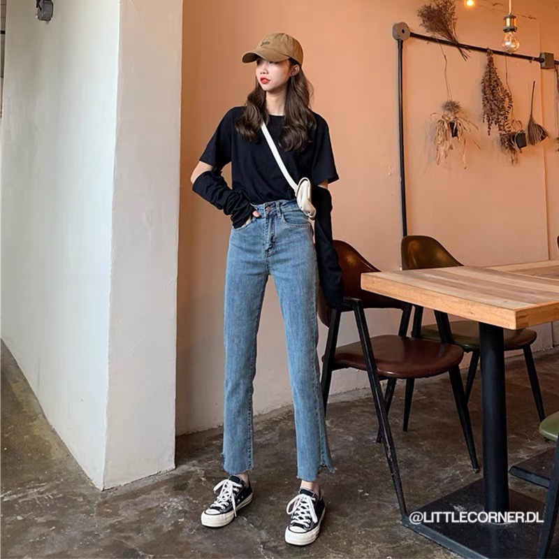 [Rẻ vô địch] Quần jeans nữ ống suông gấu cắt vuông lưng cao có BIGSIZE 2 màu quảng châu kèm ảnh thật hàng sẵn
