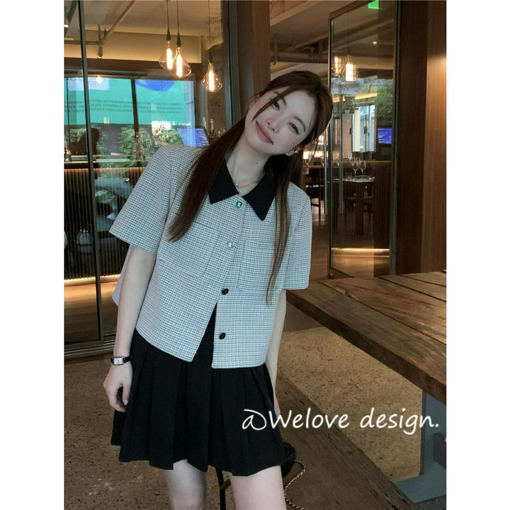 「 WELOVE1 」Áo Khoác Blazer Tay Ngắn Dáng Rộng Đa Năng Phối Màu Tương Phản Phong Cách Hàn Quốc Mới Cho Nữ