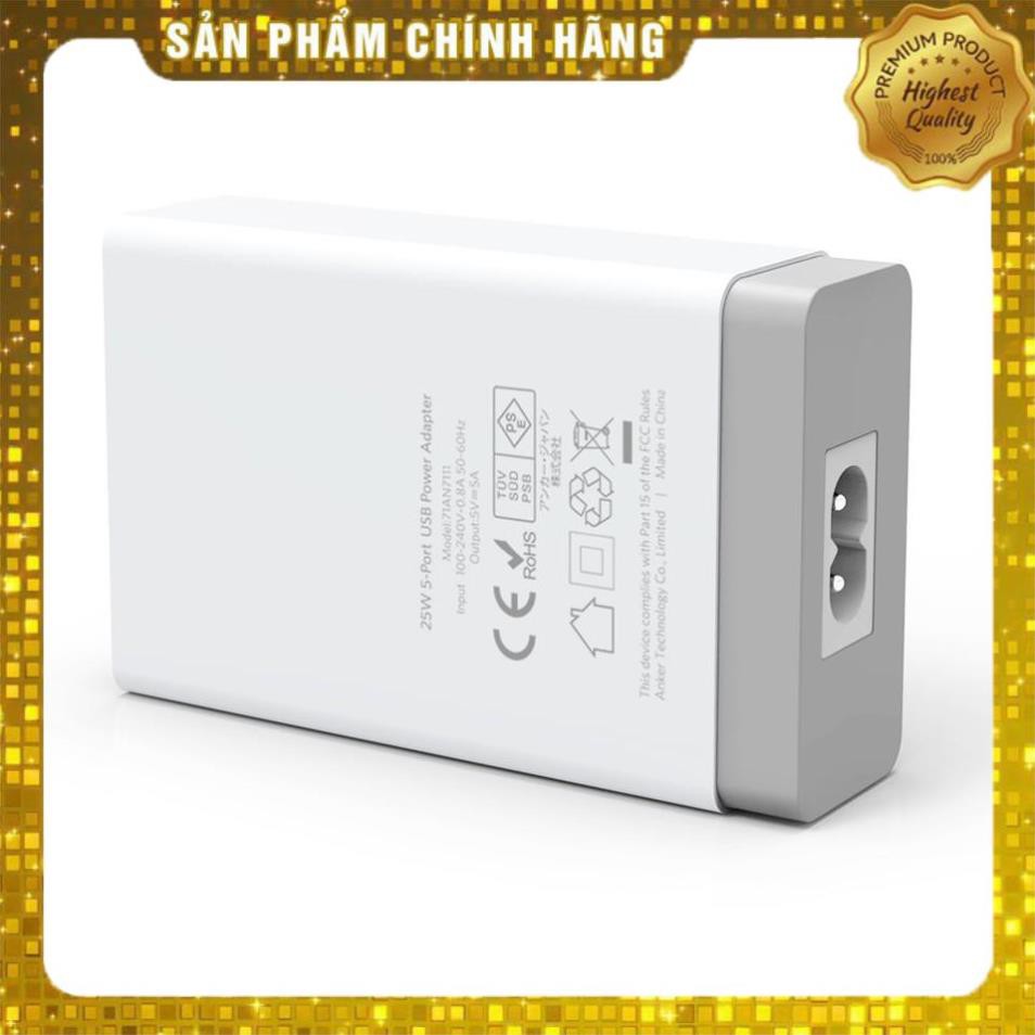 óc củ sạc nhanh 25W 5 cổng USB công nghệ PowerIQ hiệu Anker PowerPort 5 Lite (sạc nhanh Max 2.4A / Port) - Chính hãng