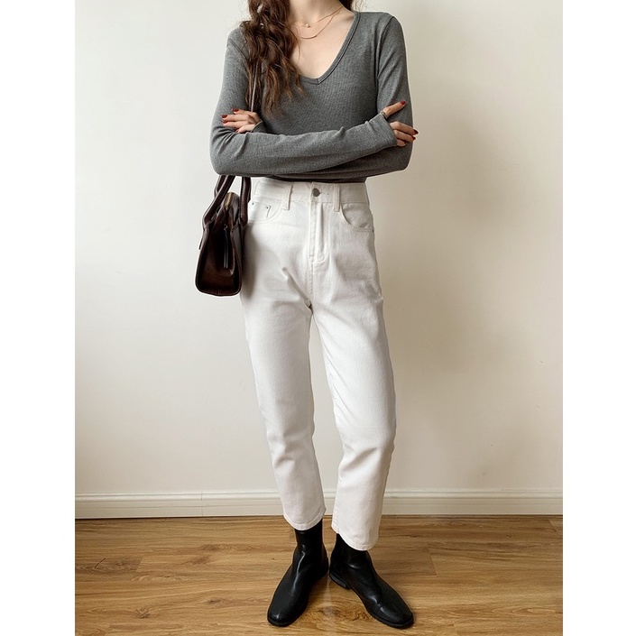 Áo dệt kim tay dài cổ chữ V phong cách mới 46141