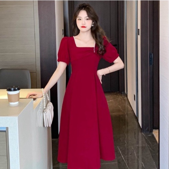 Đầm Váy Thiết Kế Đi Tiệc MAIHOUSE Nhún Ngực Cổ Vuông Tay Phồng Dáng Xoè Chất Cotton Màu Đen , Xanh , Đỏ - D2408