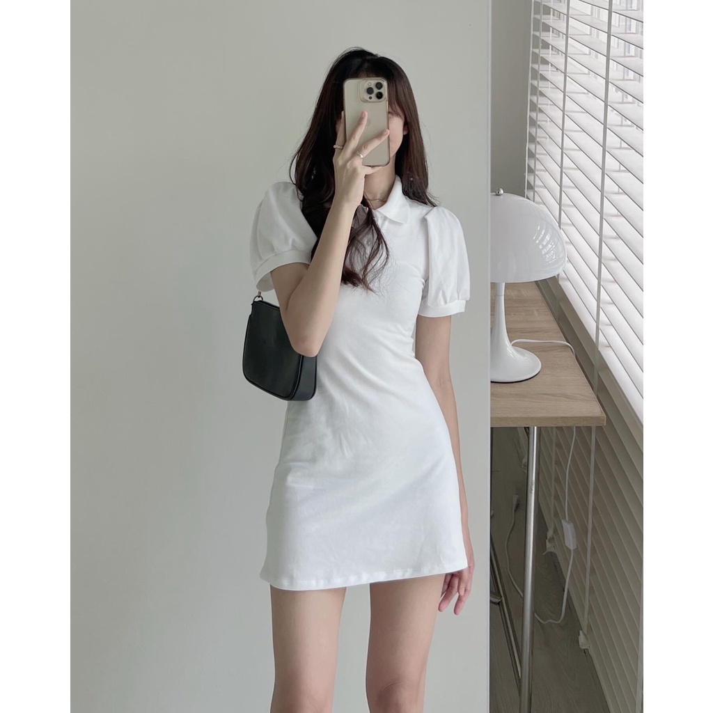Váy Polo Trơn Tay Phồng Đầm Sơ Mi Nữ Cộc Tay Body Xòe Nhẹ Phần Chân Váy Freesize
