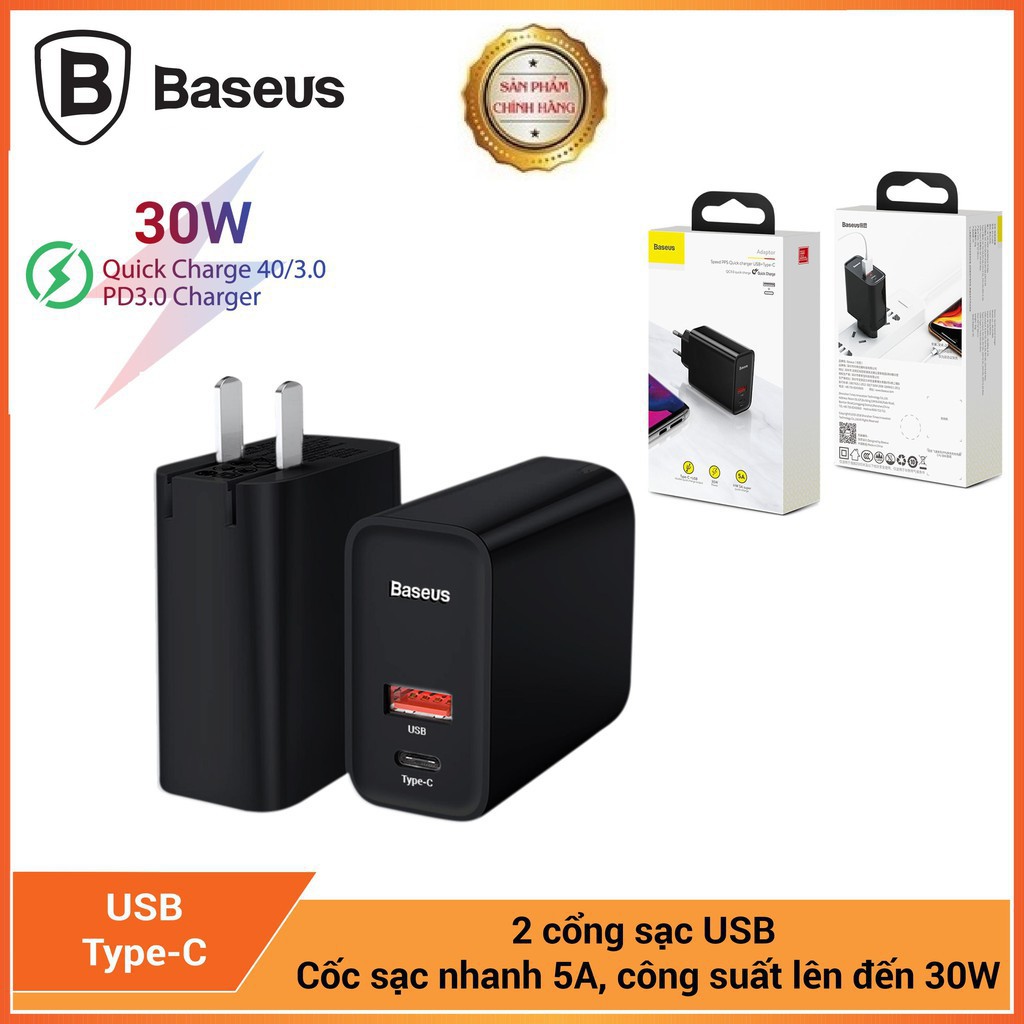 Củ Sạc Nhanh Baseus COMPACT 30W 3 cổng (2 USB + 1 Type C) Hỗ Trợ QC 3.0, USB PD dành cho Ipad/Iphone/Android