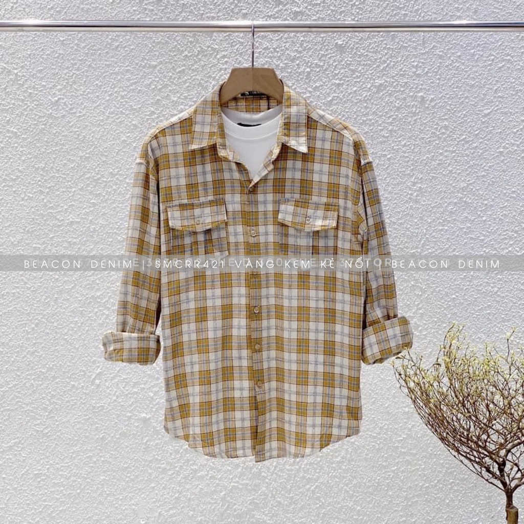 BST Áo Sơ Mi Nam Form Rộng Mẫu Caro Mới Hai Túi, Kẻ Nổi BEACON DENIM Mã 418-423