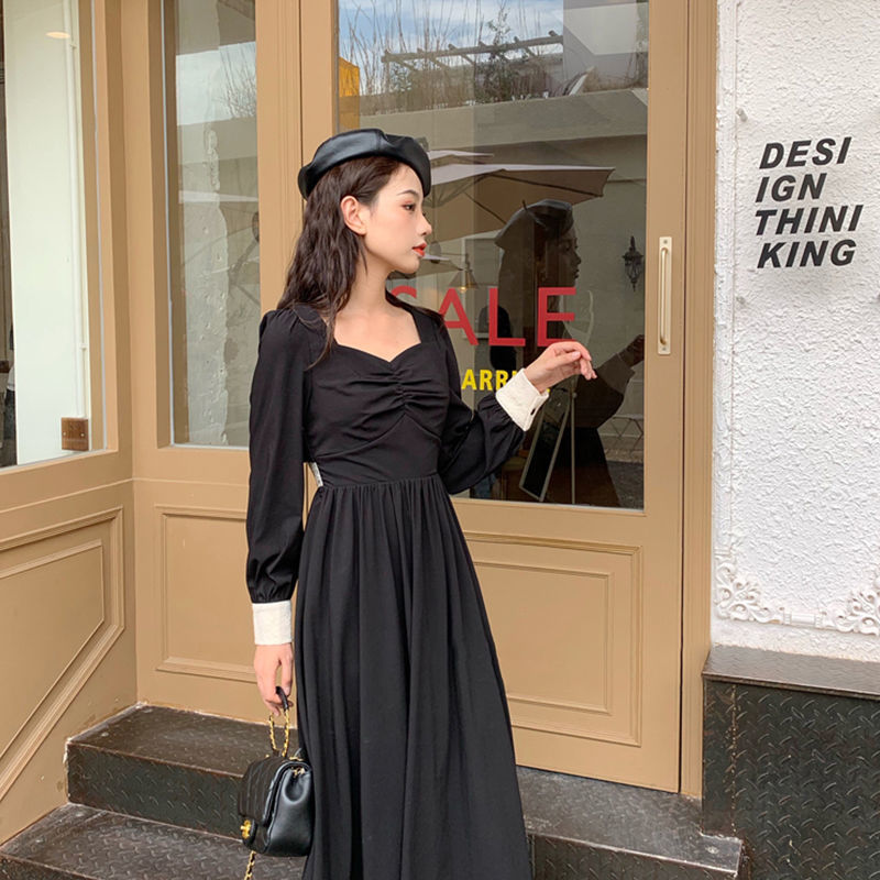 Đầm Đen Tay Dài Chiết Eo Phong Cách Thời Trang Pháp Dành Cho Nữ | BigBuy360 - bigbuy360.vn