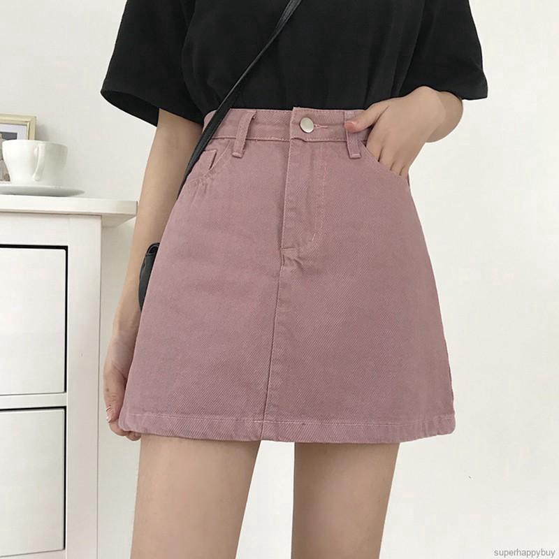 Chân Váy Denim Chữ A Lưng Cao Màu Trơn