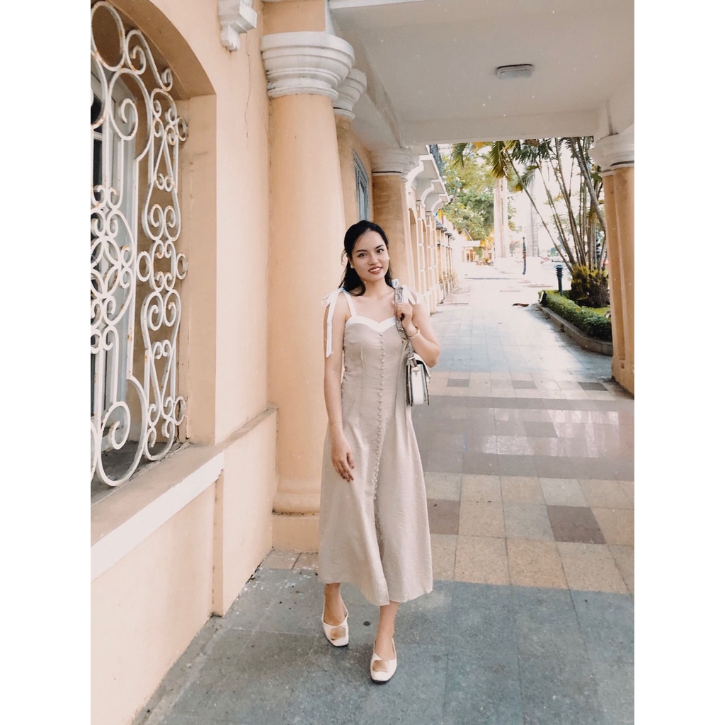 Đầm maxi phối trắng cột nơ vai màu nude cao cấp