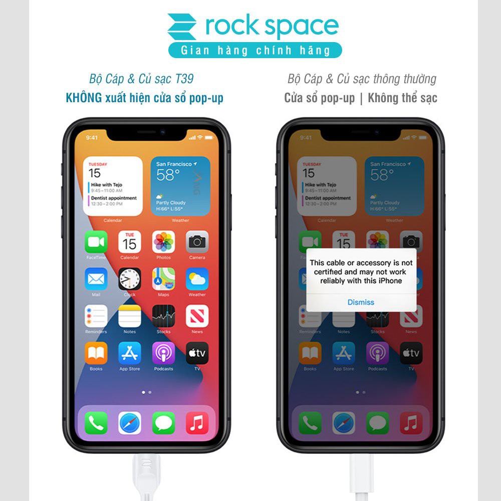 Bộ sạc nhanh iphone Rockspace T39 2 cổng 2,4A + Cáp sạc nhanh iphone, màu trắng, hàng chính hãng, Bảo Hành 1 năm