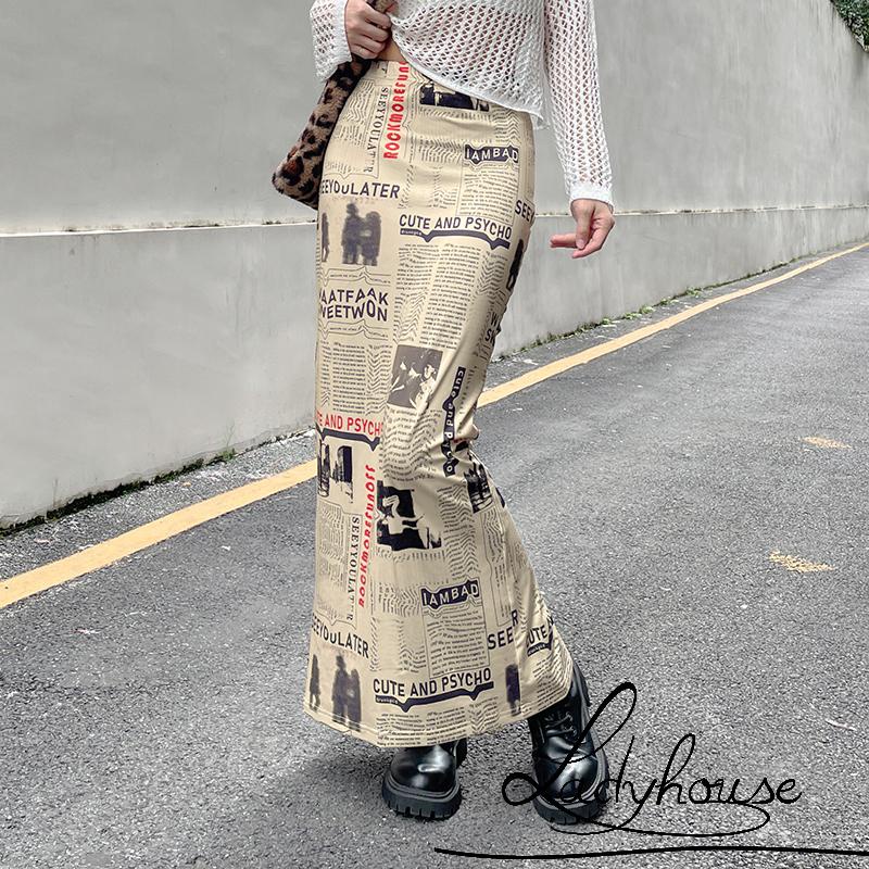 Chân Váy Dài Tới Mắt Cá Chân Eo Cao Co Giãn In Họa Tiết Tờ Báo Thời Trang Đường Phố Cho Nữ
