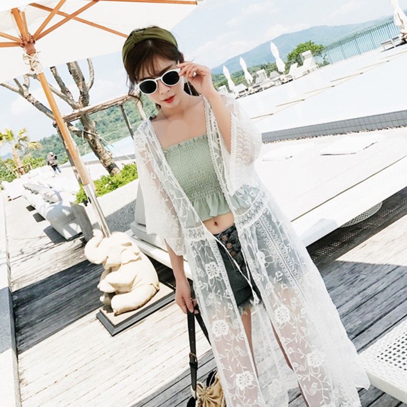 Brroa Áo Khoác Cardigan Ren Mỏng Tay Lửng Hở Phía Trước Thêu Hoa Nhìn Xuyên Thấu Gợi Cảm Cho Nữ