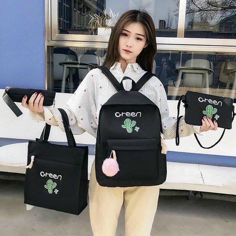 Set balo 4 món cực xinh xắn Green xương rồng chất vải dày dặn cực cute