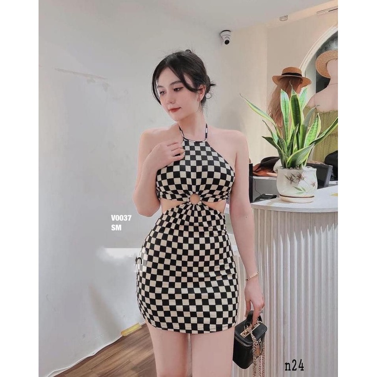 Đầm boddy caro nữ cổ yếm khoét eo tôn dáng siêu hot alohashop91
