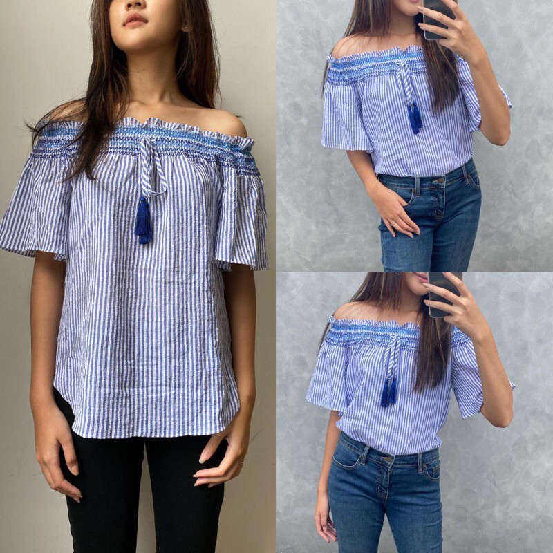 Áo blouse Sọc Lệch Vai Ralph lauren - Xanh Lam / Trắng (KA.6)