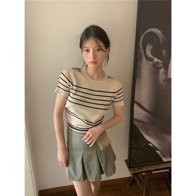 Áo Thun Dệt Kim Tay Ngắn Phong Cách Thời Trang Hàn Quốc Cho Nữ