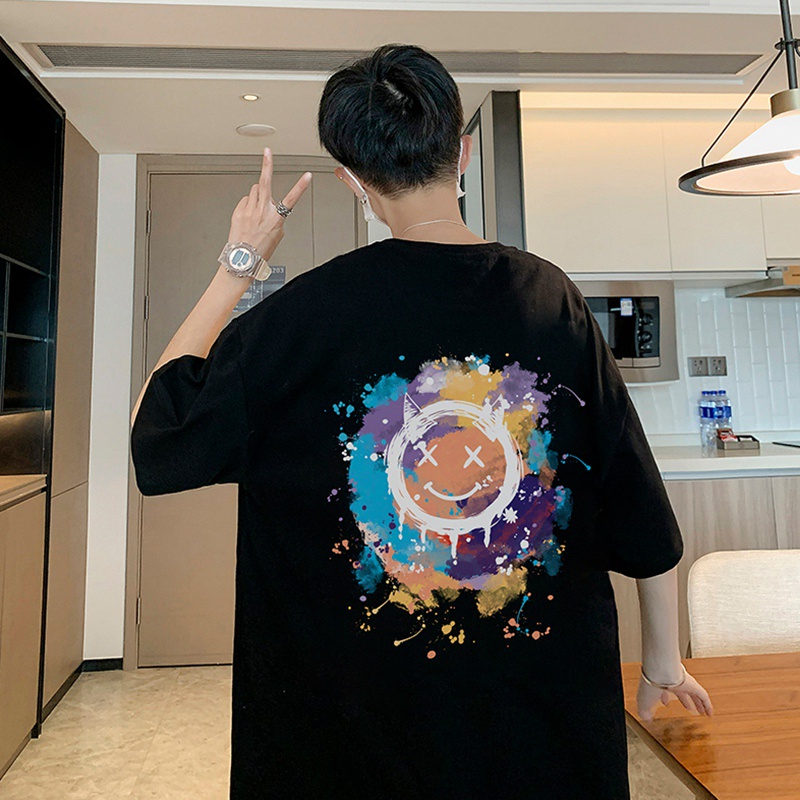 Áo thun tay ngắn dáng rộng in hình mặt cười phong cách mùa hè thời trang cho nam