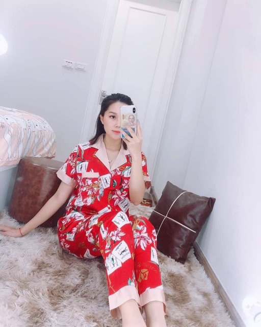 Bộ ngủ lụa satin ♛ Đồ ngủ nữ cao cấp họa tiết GG | BigBuy360 - bigbuy360.vn