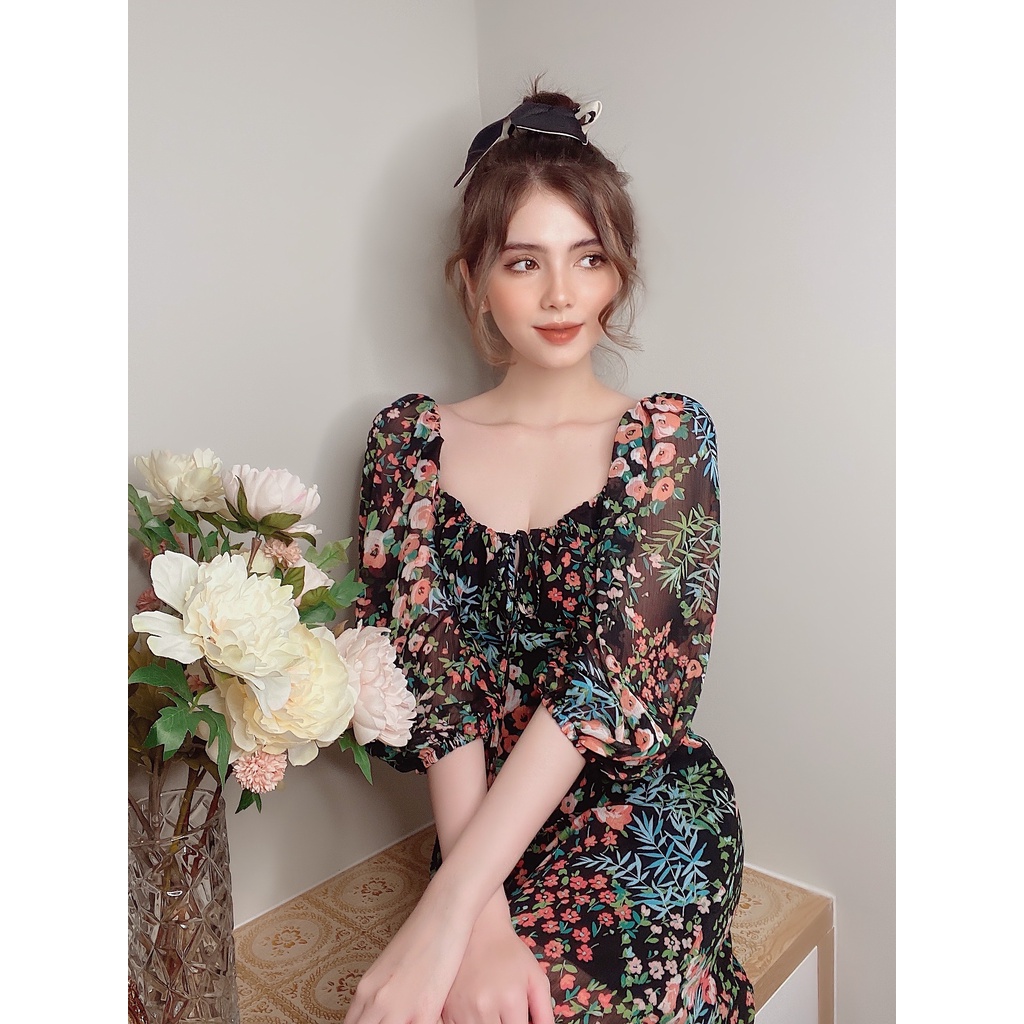 Đầm Cổ U Tay Phồng Hoạ Tiết Hoa - EDINI - D1498