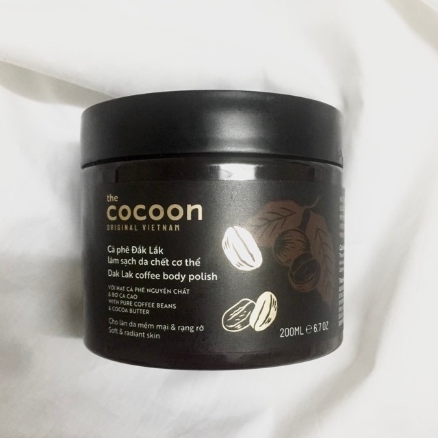 Tẩy tế bào da chết cà phê Đăklăk cocoon 200g, Tẩy da chêt cafe đaklak giúp da trắng sáng mịn màng.