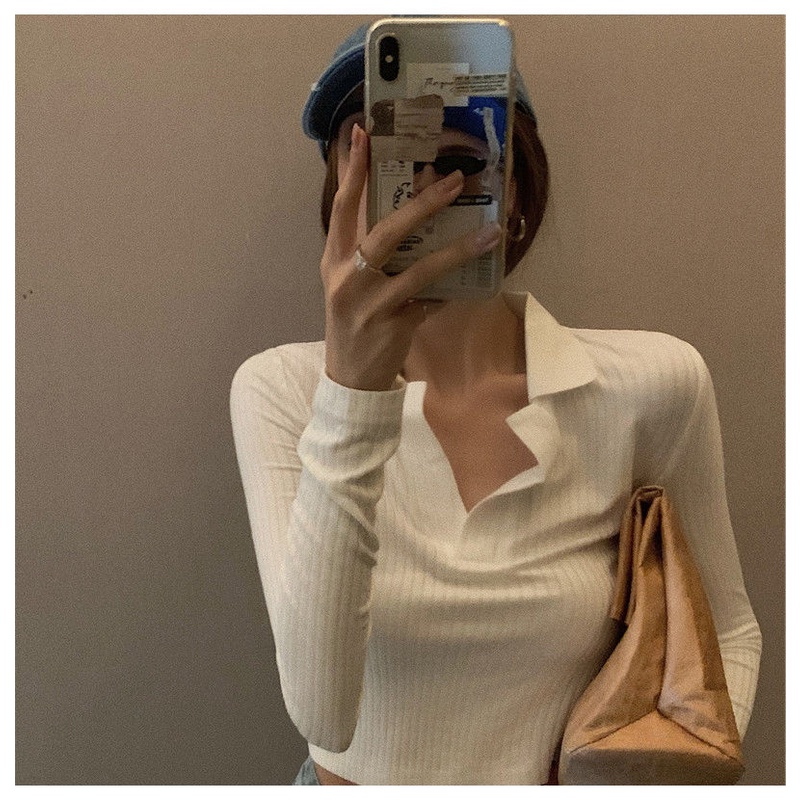 Áo thun tay dài cổ polo phong cách Pháp thiết kế mới dành cho nữ 2021