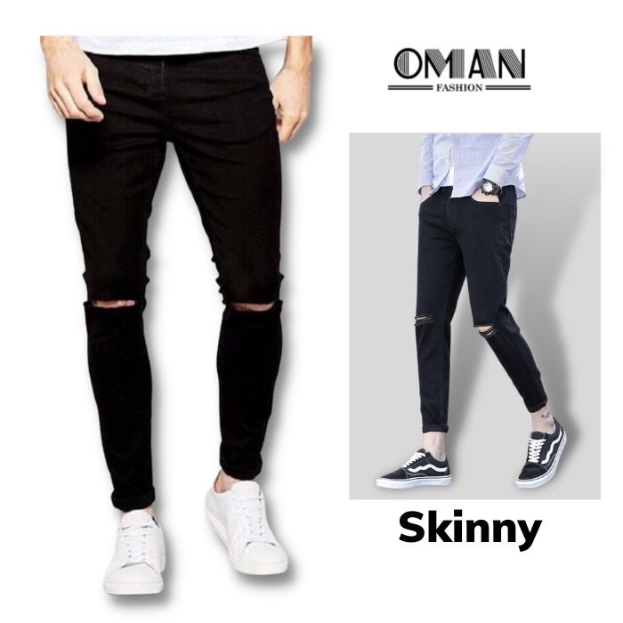 Quần jean nam đen Trơn + Rách gối - quần bò nam dáng Skinny - OMAN QJ012