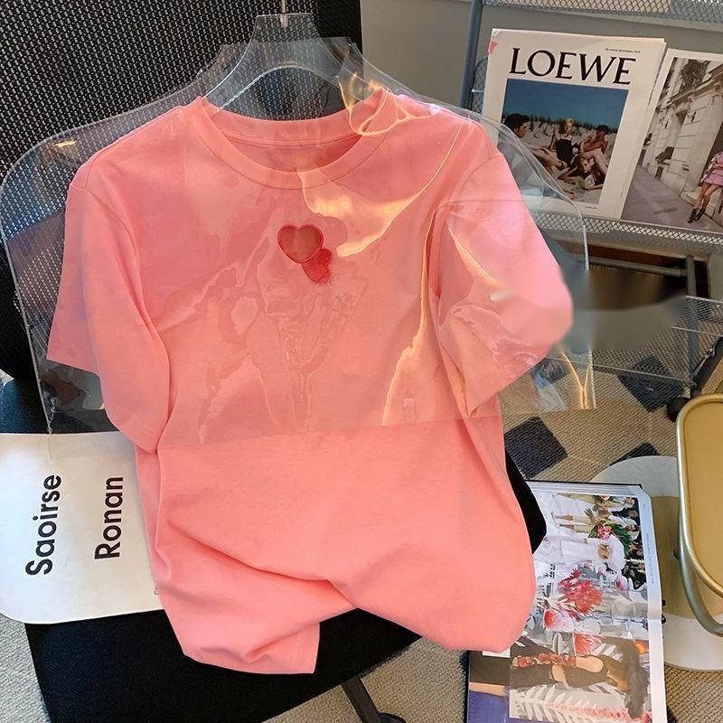 Áo Thun Nữ Ngắn Tay In Hình Trái Tim Màu Hồng Dễ Thương