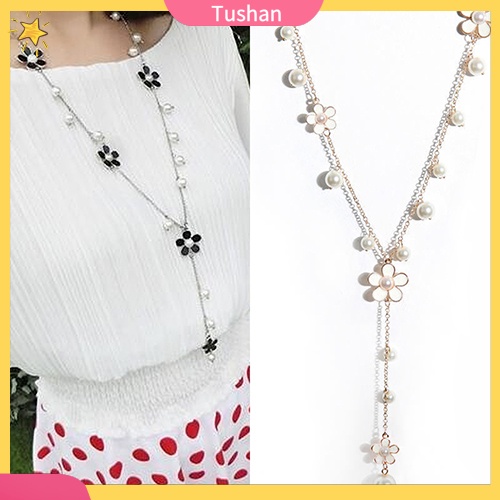 TUSH_Women's Fashion Korean Style Faux Pearl Flowers Long Necklace Chain