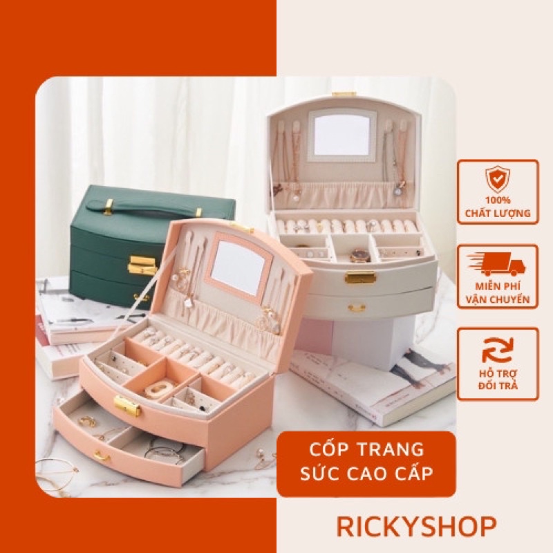[Siêu Phẩm]Hộp đựng trang sức 2 tầng bọc da PU chống nước có quai xách - Hộp đựng trang sức cao cấp