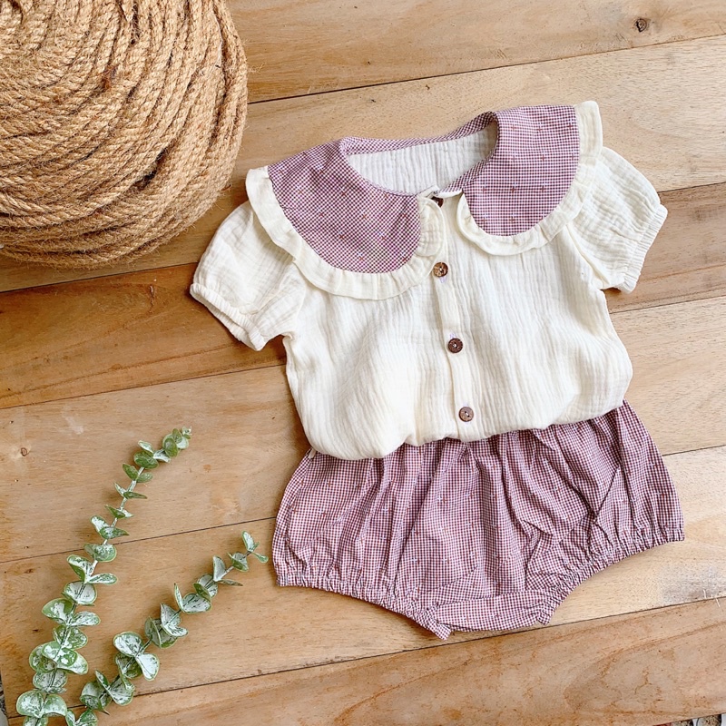 Bộ xô muslin phối caro cho bé gái