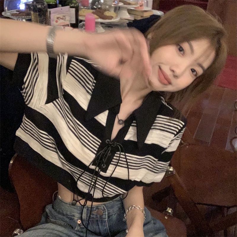 COZOKC Áo thun polo COZOKC dáng ngắn tay ngắn họa tiết kẻ sọc ngang thời trang trẻ trung dành cho nữ