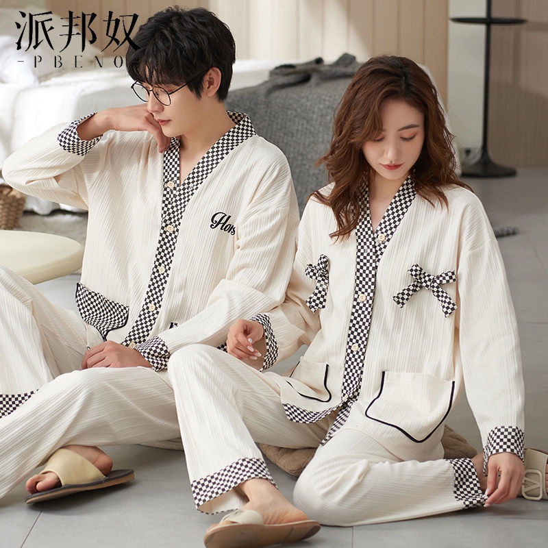 Bộ Đồ Ngủ Tay Dài Kiểu Hàn Quốc Thời Trang Xuân Thu Dễ Thương Cho Các Cặp Đôi