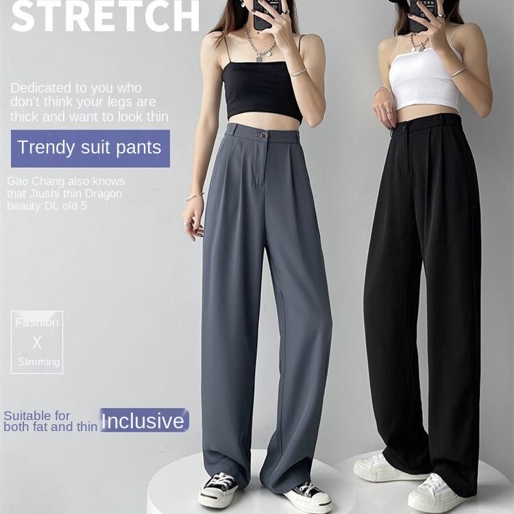 [Spot] high-waisted high-waisted large-size gray casual pants summer autumn straight-leg pants wide-leg trousers silk wide-leg trousers slim high-waisted women's long pants slim and fat mm