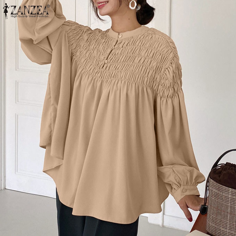 Áo kiểu Zanzea dài tay cổ đứng xếp ly phong cách Hàn Quốc thời trang thanh lịch dành cho nữ