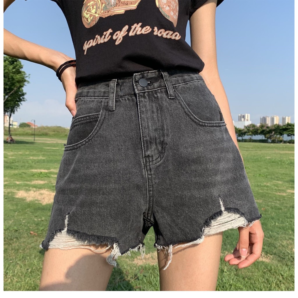 Quần short jean nữ Big Size lưng cao trên rốn, co dãn mạnh, rách nhẹ, phom rộng rãi dành cho người béo 60kg~90kg 3505
