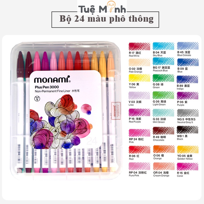 Bút màu Monami bộ 12 VPPTUEMINH - 24 màu, bút lông màu viết Calligraphy nét 0.4 - 1mm nét thanh nét đậm, tô màu đa năng