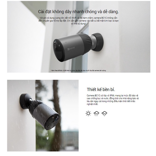 [Tặng Pin Mặt Trời] Camera Wi-Fi EZVIZ BC1C Không Dây, 1080P, Pin Sạc 7800 mAh, Bộ Nhớ Trong 32GB - Hàng Chính Hãng