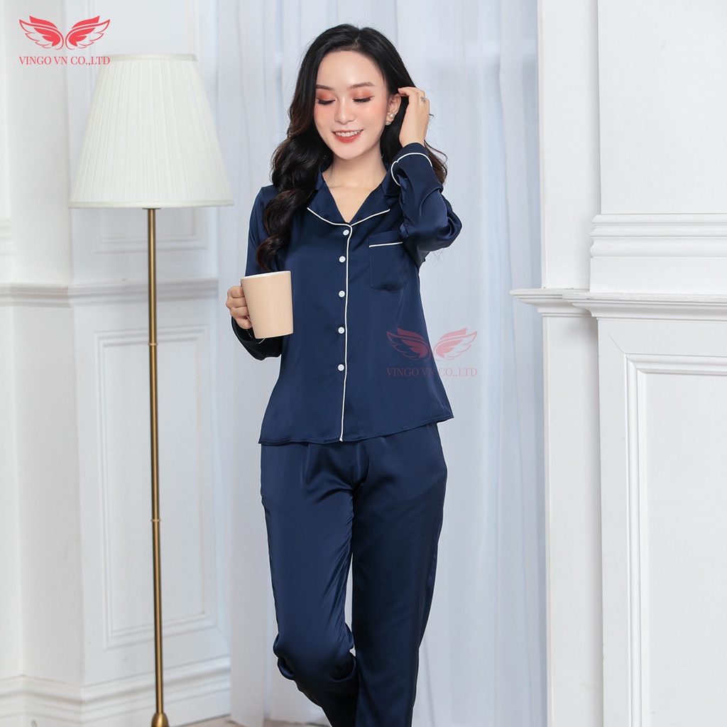 Bộ Đồ Pyjama nữ mặc nhà VINGO tay dài quần dài Lụa Pháp trơn cao cấp mùa Thu Đông H253 VNGO - TDQD