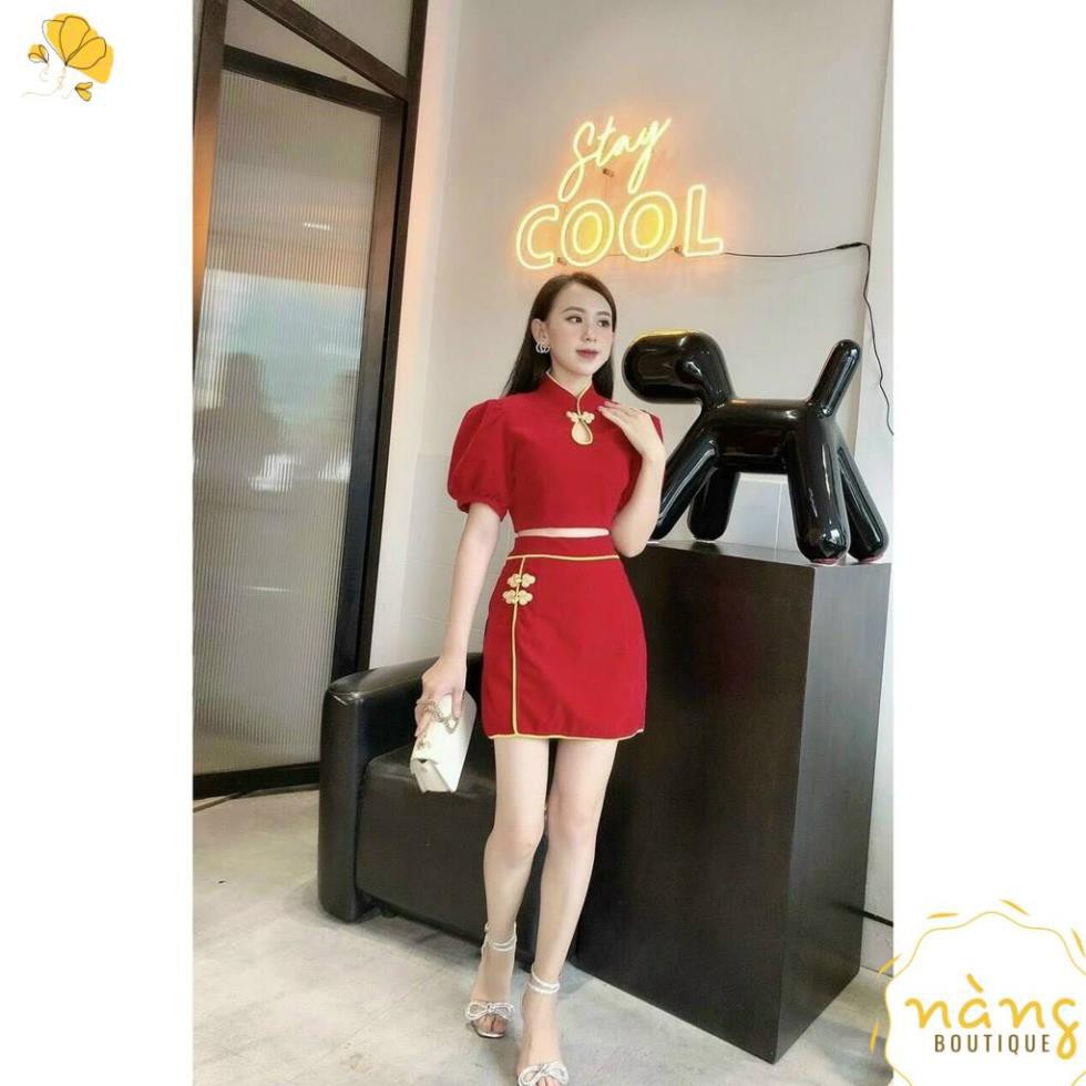 Set Váy Đỏ 💖FREESHIP💖 SET CROP NHUNG ĐỎ CỔ TÀU + CHÂN VÁY VIỀN [Mẫu Mới 2021]