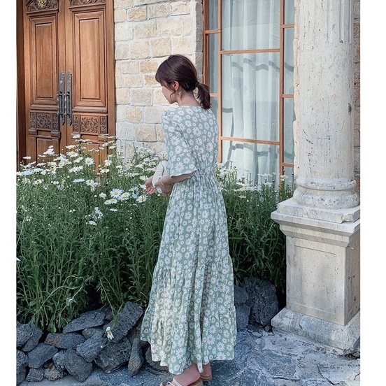 Váy Little daisy hè đuôi cá, tay xòe xuất xứ Quảng Châu mới thịnh hành voan cổ cao eo dài cổ tích nhỏ váy dài tươi mát